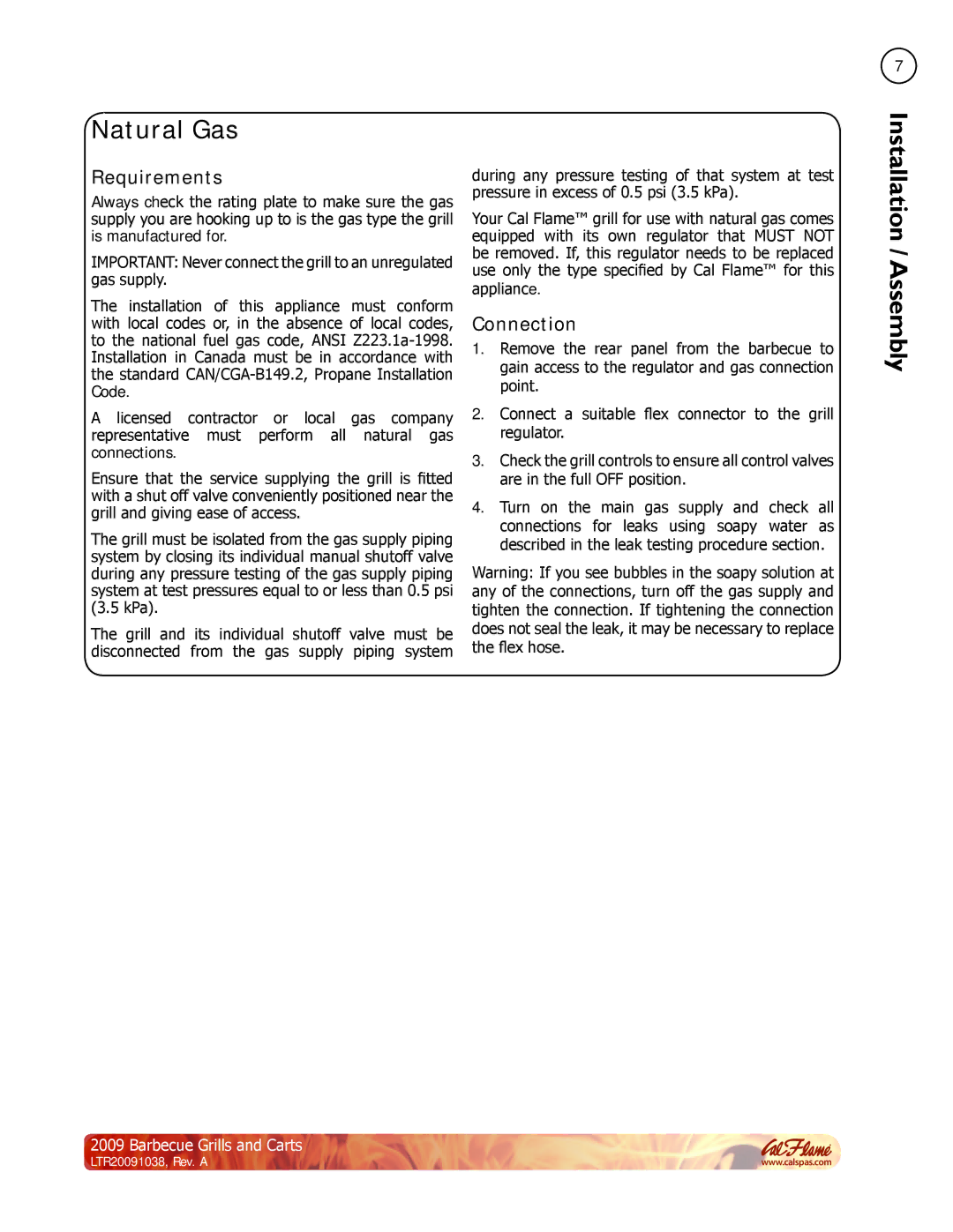 Cal Flame Barbecue Grills & Carts manual Natural Gas, Requirements, Connection 