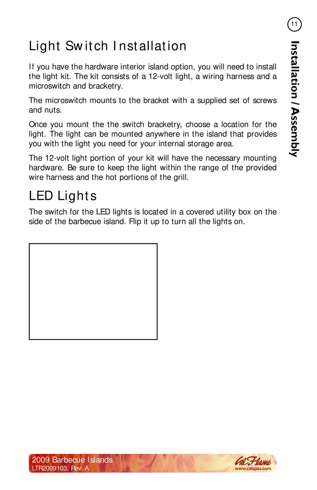 Cal Flame Barbecue Island manual Light Switch Installation, LED Lights 