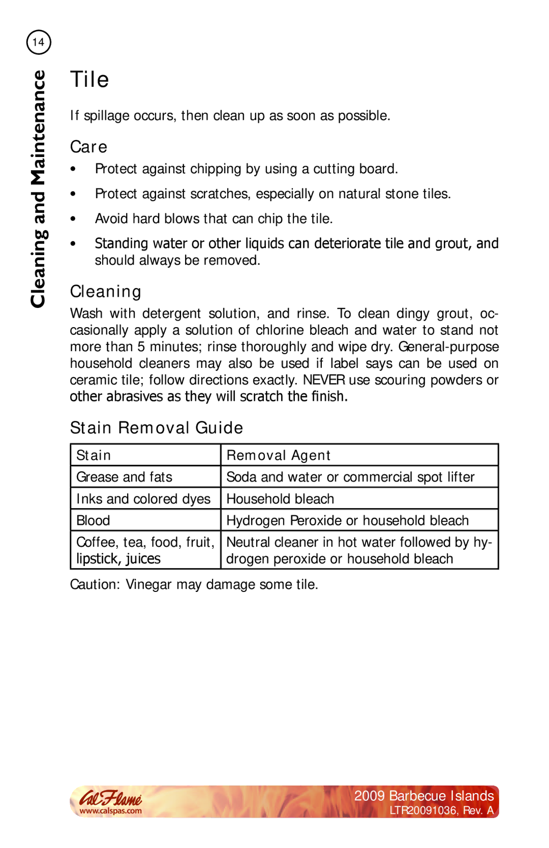 Cal Flame Barbecue Island manual Tile, Care, Cleaning, Stain Removal Guide 