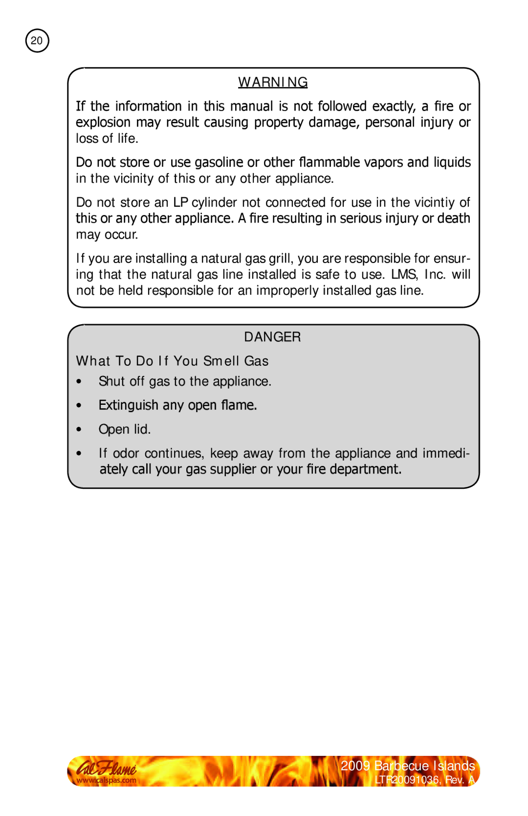 Cal Flame Barbecue Island manual What To Do If You Smell Gas 