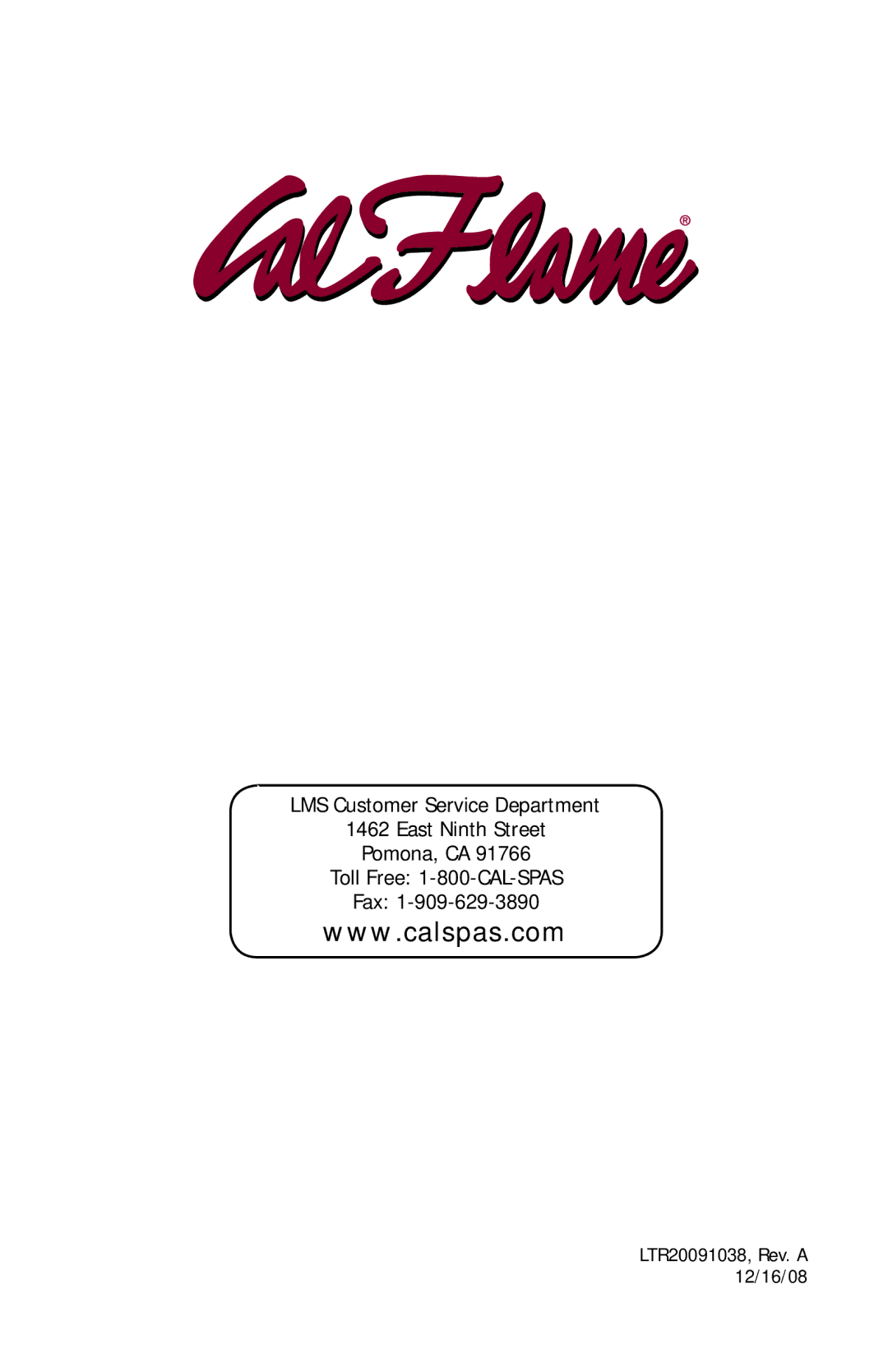 Cal Flame Barbecue Island manual LTR20091038, Rev. a 12/16/08 