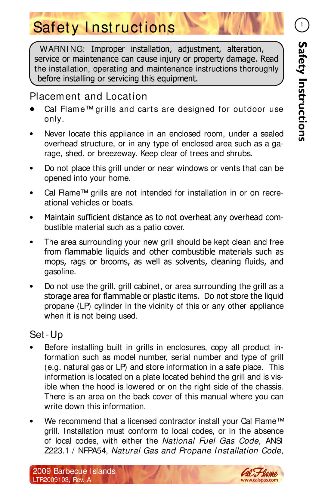 Cal Flame Barbecue Island manual Safety Instructions, Placement and Location, Set-Up 