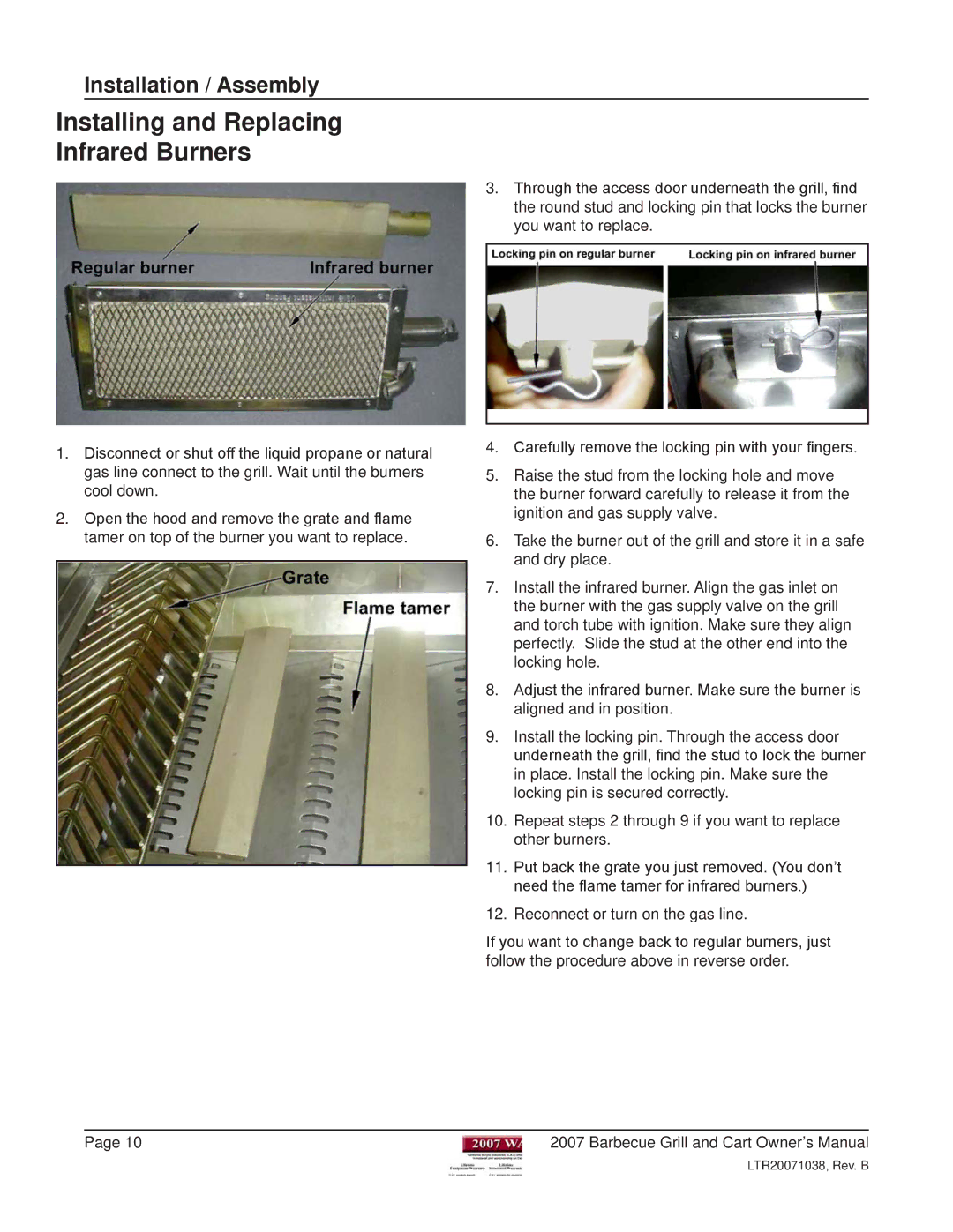 Cal Flame Barbeque Grill manual Installing and Replacing Infrared Burners 