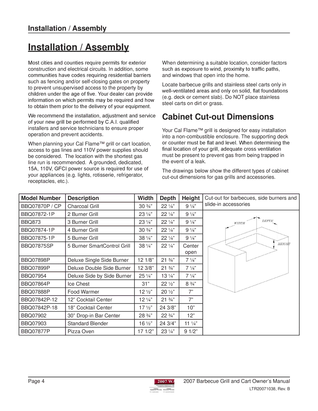 Cal Flame Barbeque Grill manual Installation / Assembly, Cabinet Cut-out Dimensions 