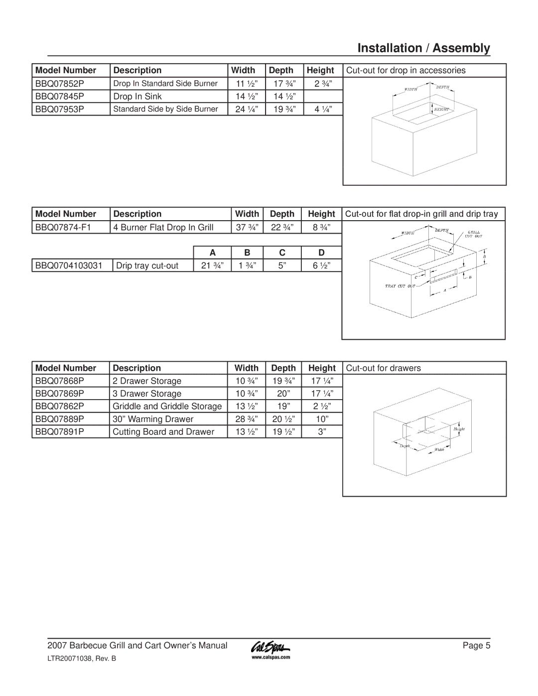 Cal Flame Barbeque Grill manual Installation / Assembly, Model Number Description Width Depth Height 