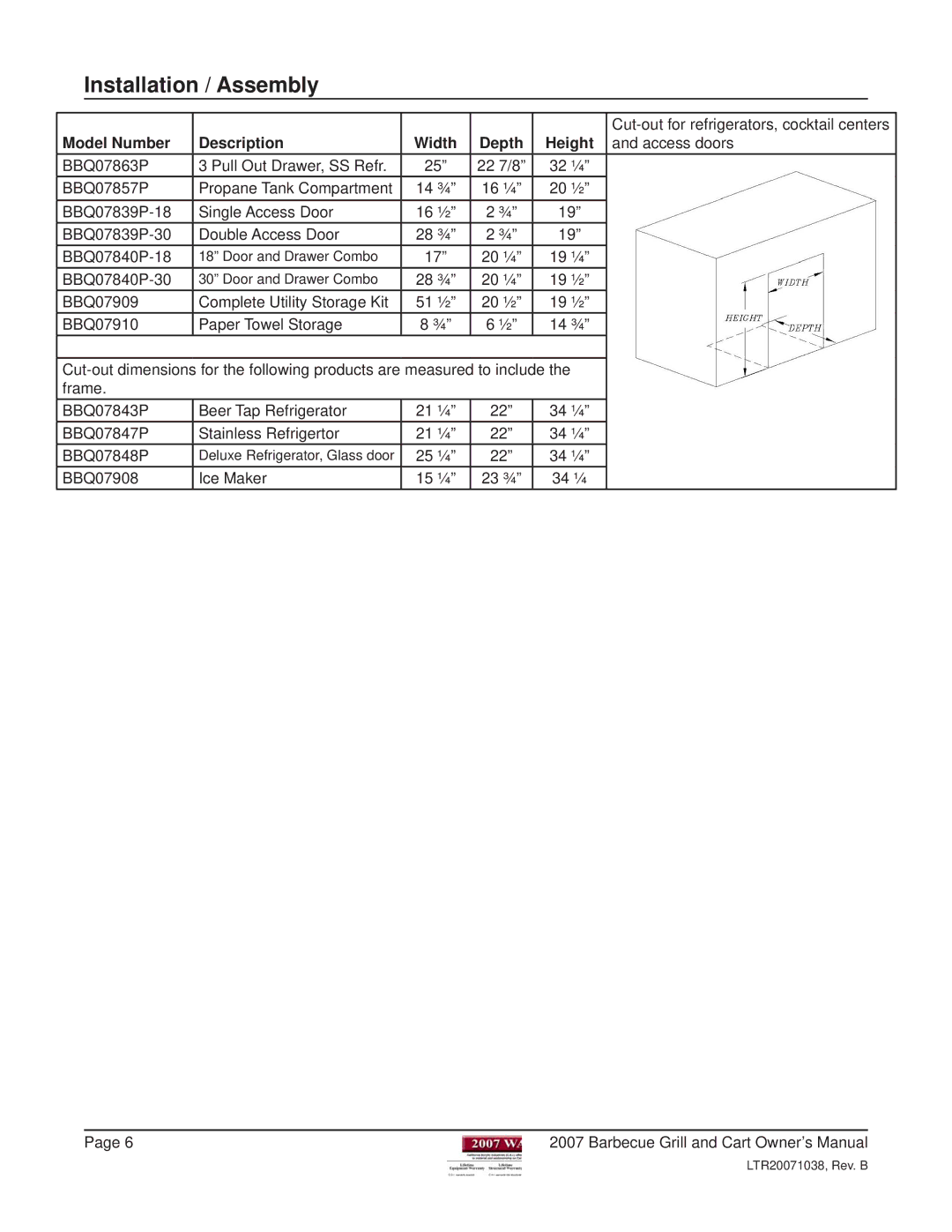 Cal Flame Barbeque Grill manual Cut-out for refrigerators, cocktail centers 