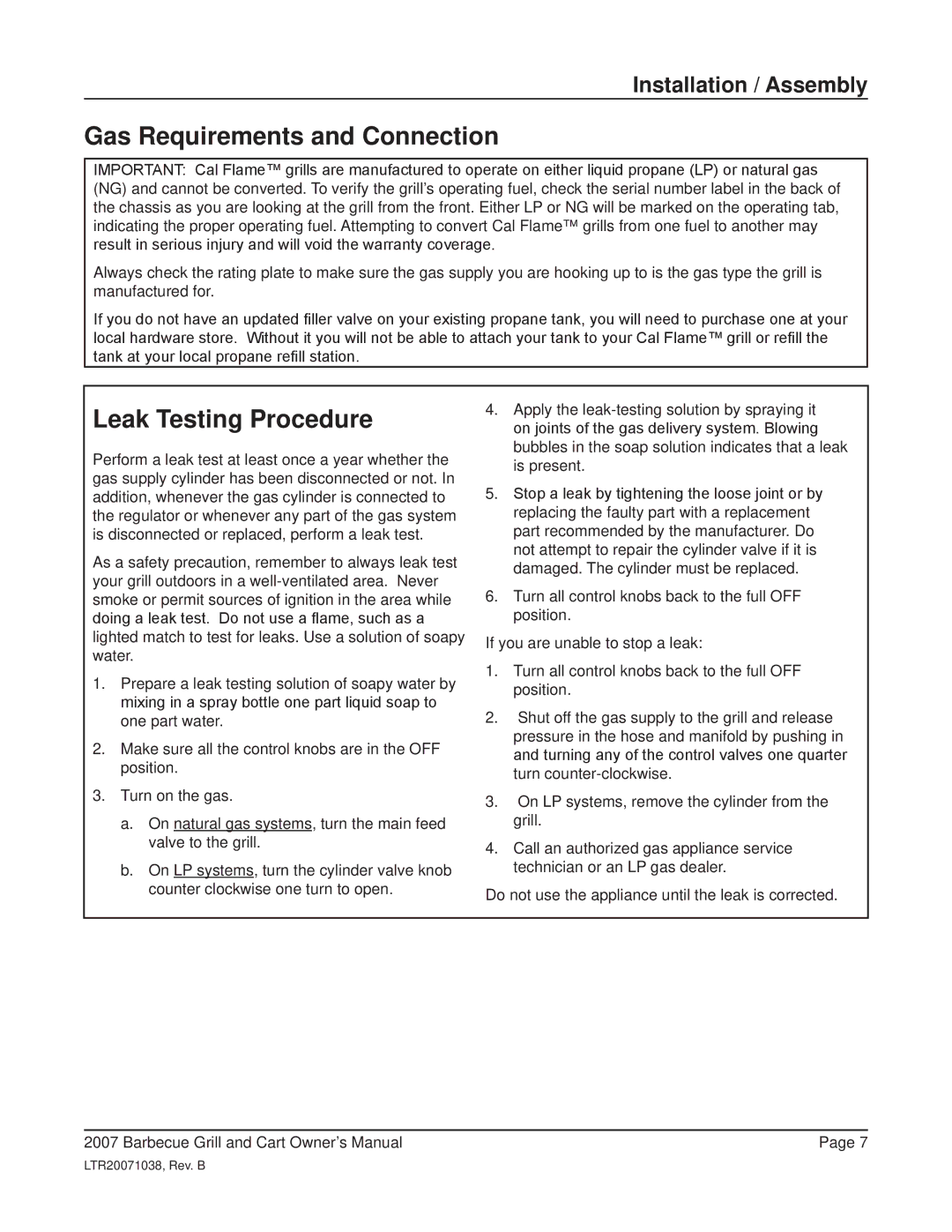 Cal Flame Barbeque Grill manual Gas Requirements and Connection, Leak Testing Procedure 