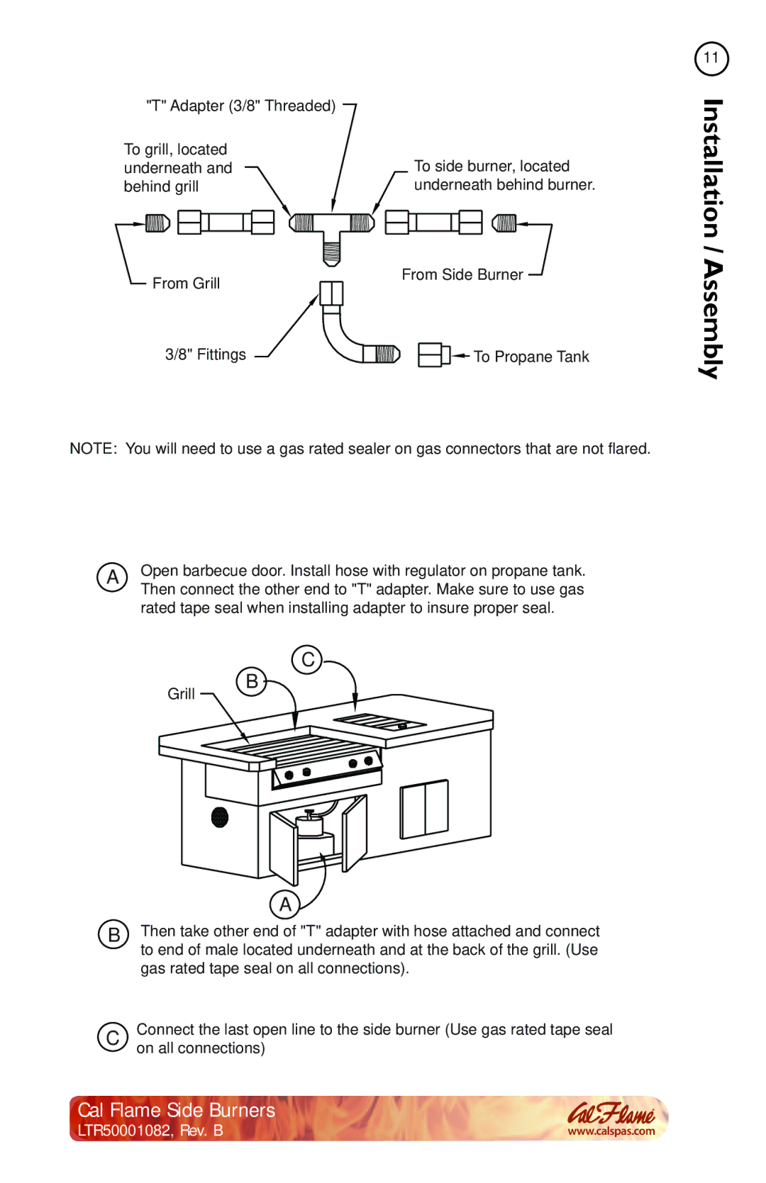 Cal Flame BBQ08899P, BBQ08852P, BBQ08954P, BBQ08953P manual From Grill From Side Burner Fittings To Propane Tank 