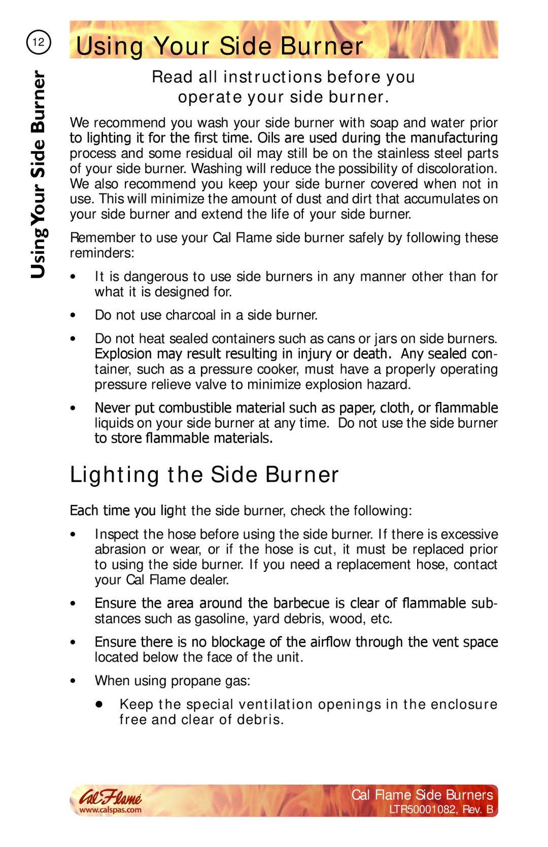 Cal Flame BBQ08954P, BBQ08852P, BBQ08899P, BBQ08953P manual Using Your Side Burner, Lighting the Side Burner 
