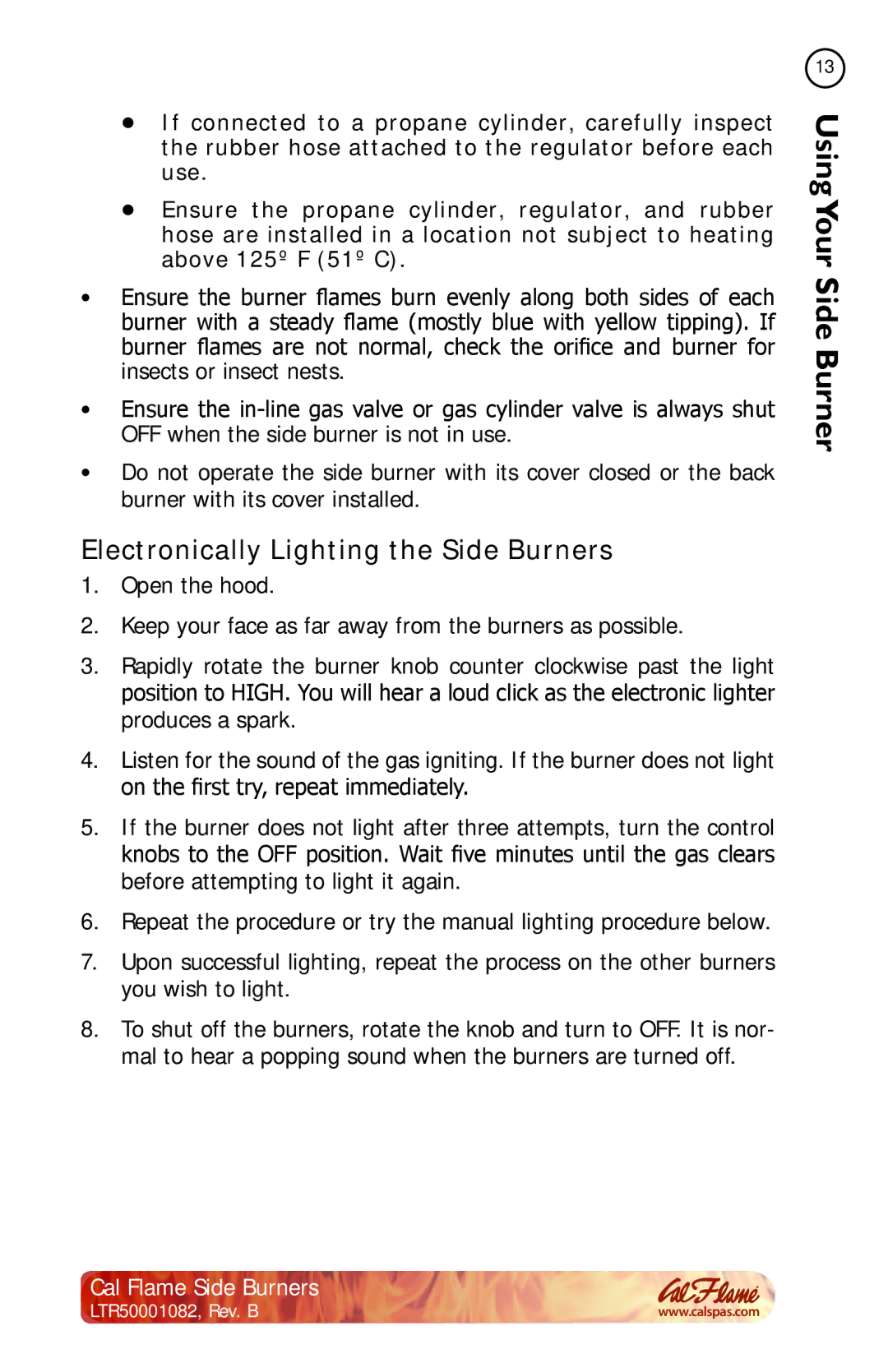 Cal Flame BBQ08953P, BBQ08852P, BBQ08899P, BBQ08954P manual Electronically Lighting the Side Burners 