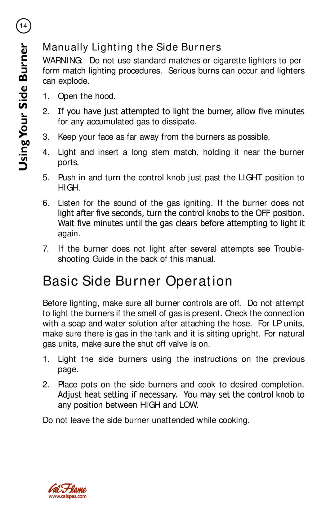 Cal Flame BBQ08852P, BBQ08899P, BBQ08954P, BBQ08953P manual Basic Side Burner Operation, Manually Lighting the Side Burners 