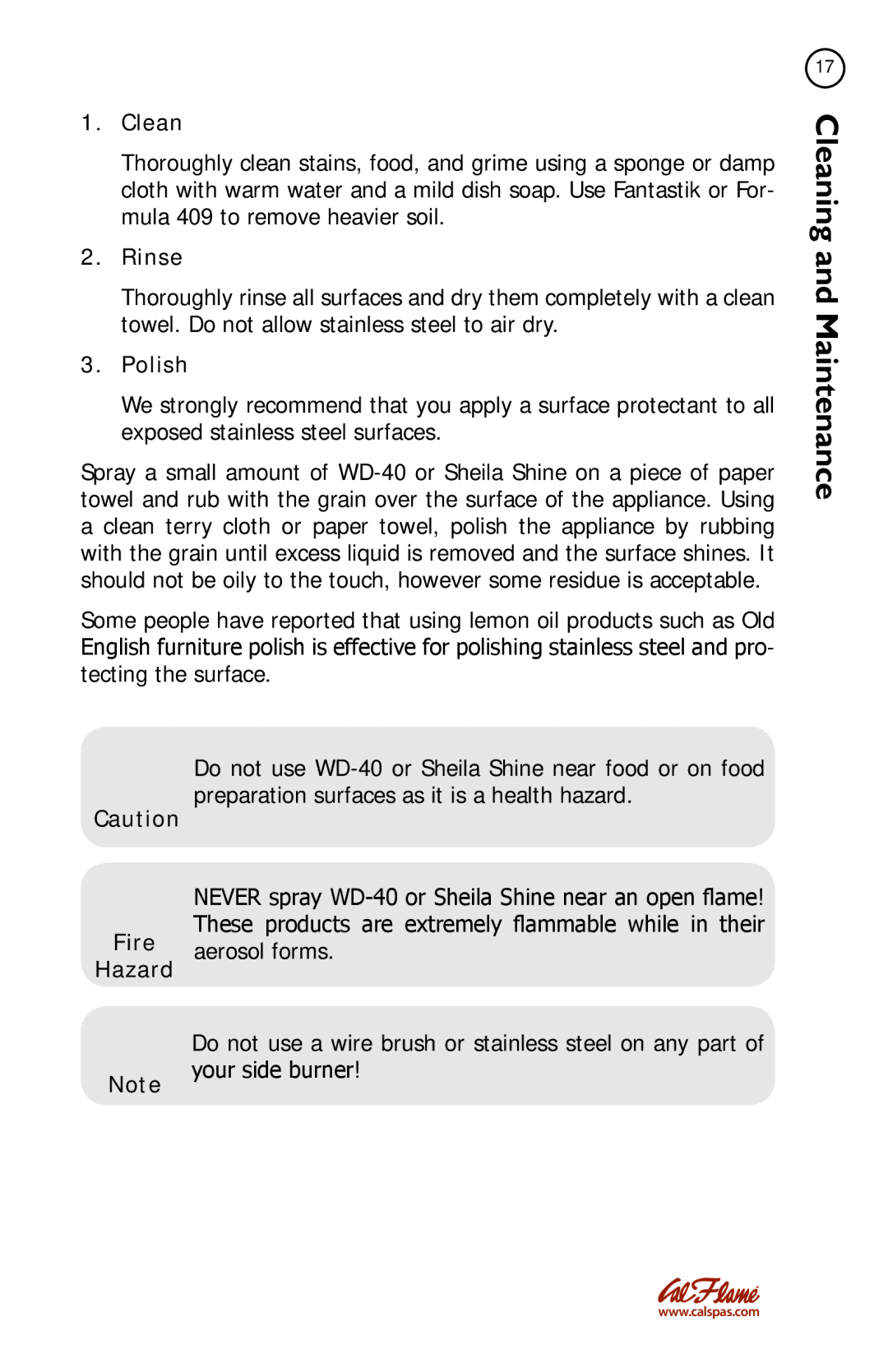 Cal Flame BBQ08953P, BBQ08852P, BBQ08899P, BBQ08954P manual Clean, Rinse, Polish, Fire, Hazard 