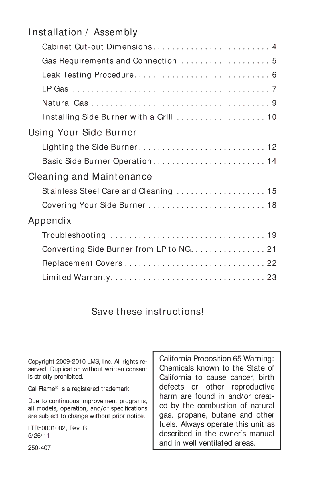 Cal Flame BBQ08954P, BBQ08852P manual Installation / Assembly, Using Your Side Burner, Cleaning and Maintenance, Appendix 