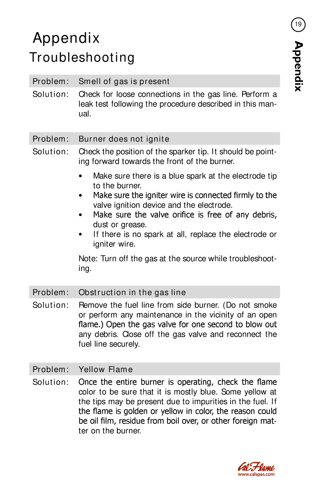 Cal Flame BBQ08899P, BBQ08852P, BBQ08954P, BBQ08953P manual Appendix, Troubleshooting 