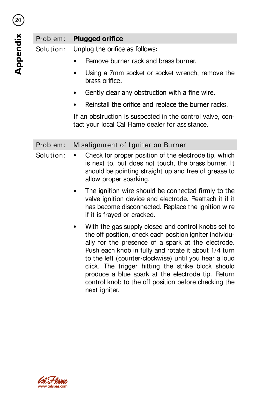 Cal Flame BBQ08954P, BBQ08852P, BBQ08899P, BBQ08953P manual Problem Plugged orifice, Problem Misalignment of Igniter on Burner 