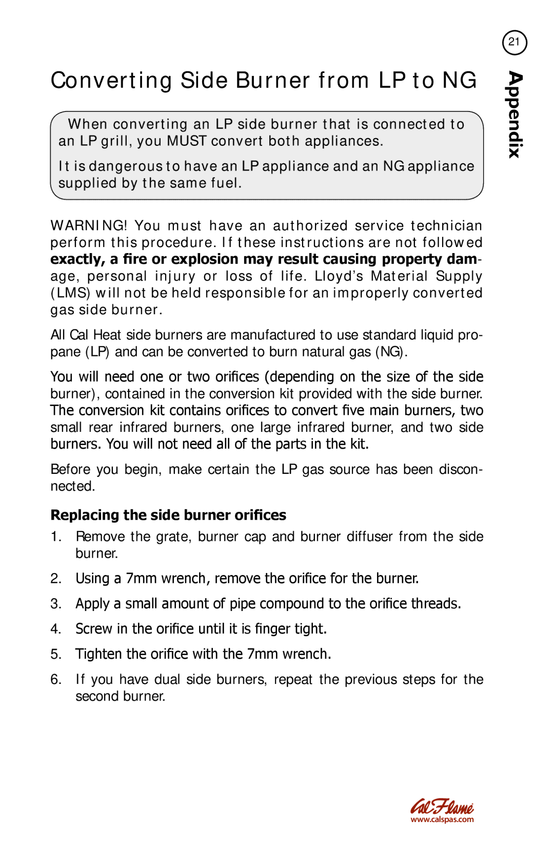 Cal Flame BBQ08953P, BBQ08852P, BBQ08899P manual Converting Side Burner from LP to NG, Replacing the side burner orifices 