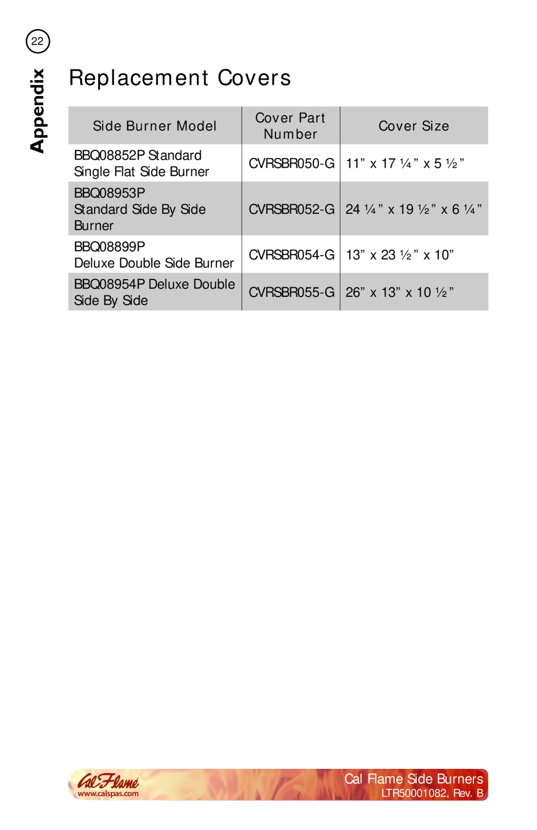 Cal Flame BBQ08852P, BBQ08899P, BBQ08954P, BBQ08953P Replacement Covers, Side Burner Model, Cover Part Cover Size Number 