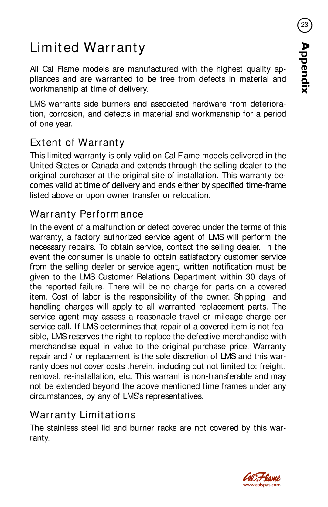 Cal Flame BBQ08899P, BBQ08852P, BBQ08954P Limited Warranty, Extent of Warranty, Warranty Performance, Warranty Limitations 