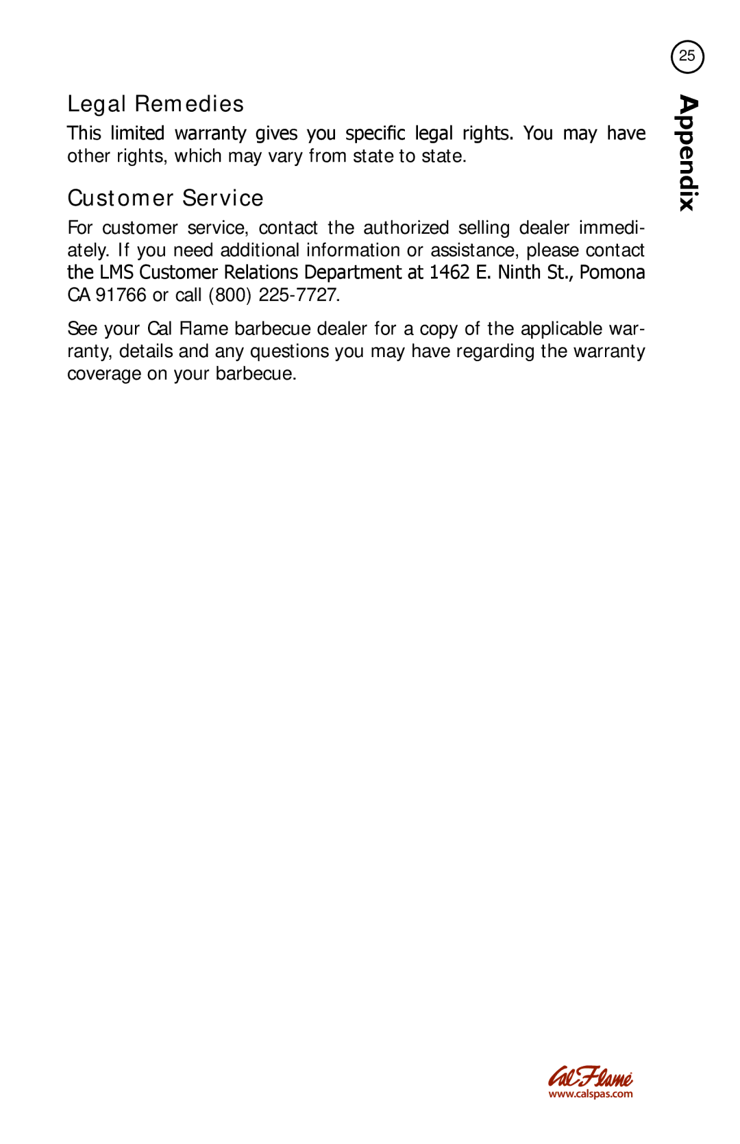 Cal Flame BBQ08953P, BBQ08852P, BBQ08899P, BBQ08954P manual Legal Remedies, Customer Service 