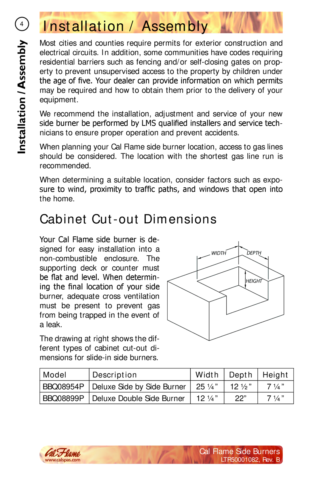 Cal Flame BBQ08954P, BBQ08852P Installation / Assembly, Cabinet Cut-out Dimensions, Model Description Width Depth Height 