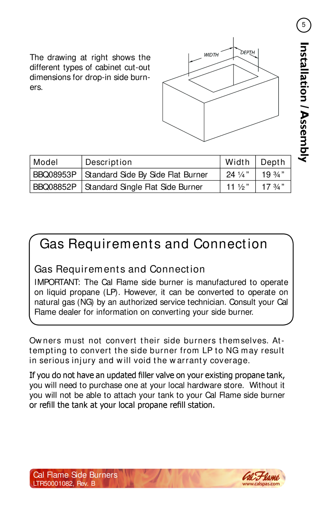 Cal Flame BBQ08953P, BBQ08852P, BBQ08899P, BBQ08954P manual Gas Requirements and Connection, Model Description Width Depth 