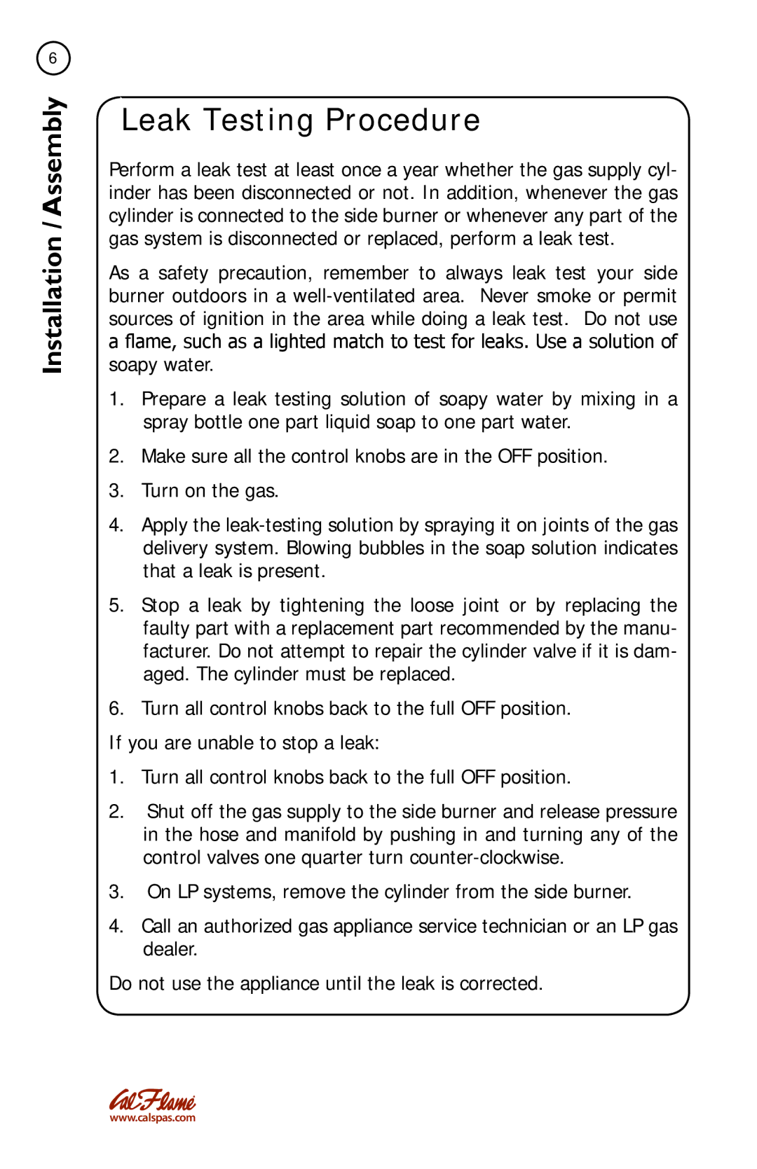 Cal Flame BBQ08852P, BBQ08899P, BBQ08954P, BBQ08953P manual Leak Testing Procedure 