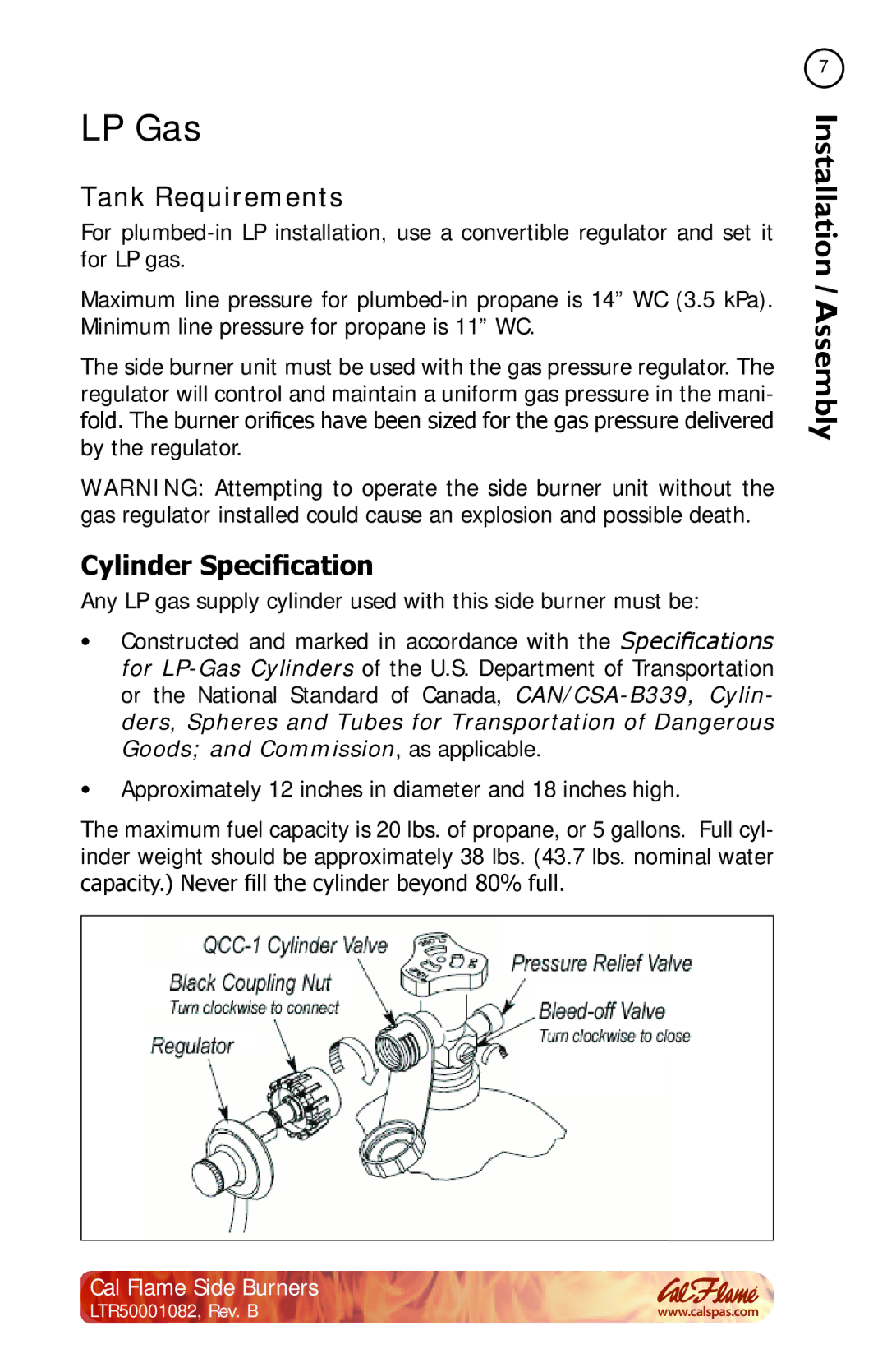 Cal Flame BBQ08899P, BBQ08852P, BBQ08954P, BBQ08953P manual LP Gas, Tank Requirements, Cylinder Specification 