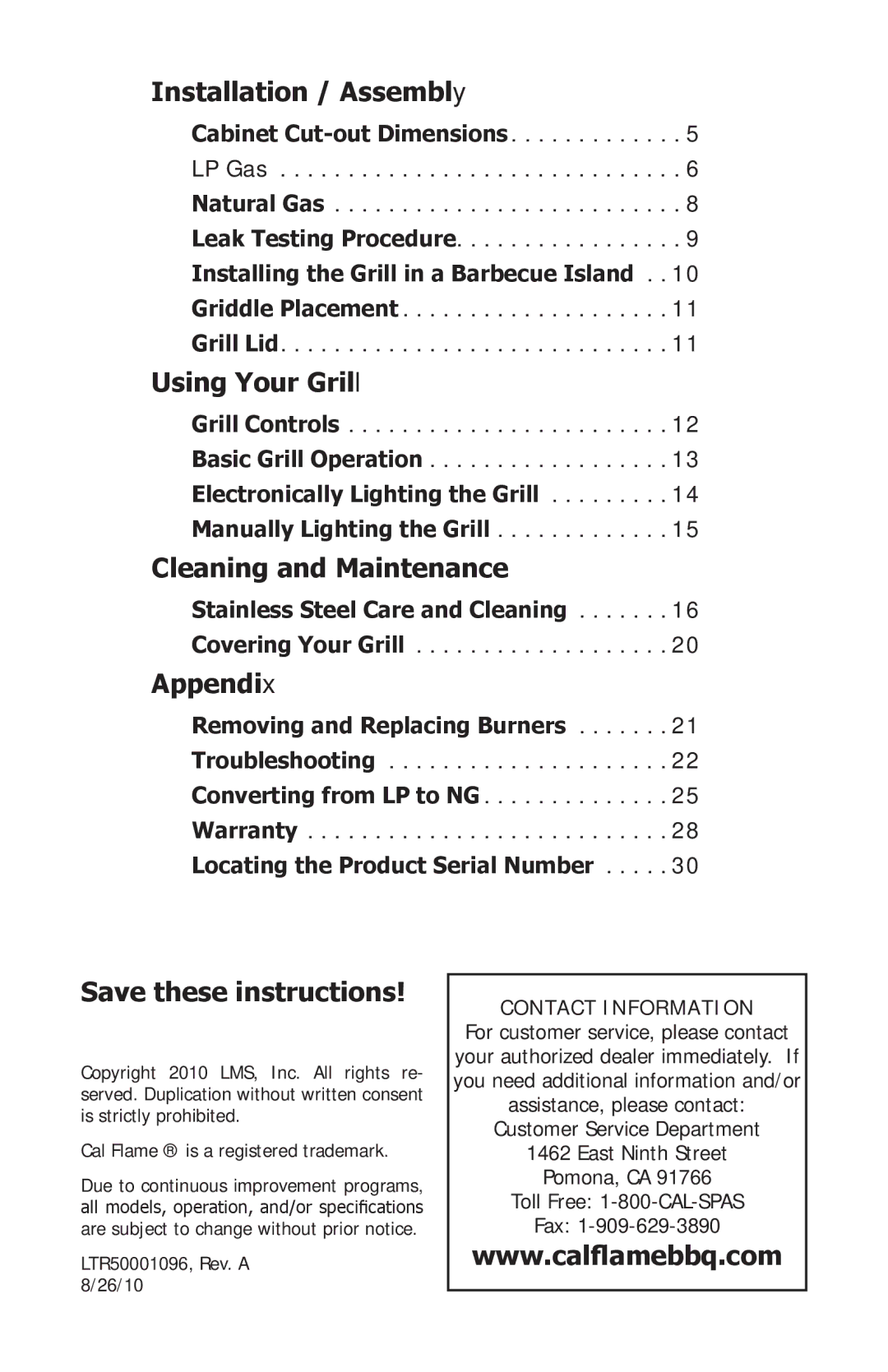 Cal Flame BBQ10900 manual Installation / Assembly, Using Your Grill, Cleaning and Maintenance, Appendix 