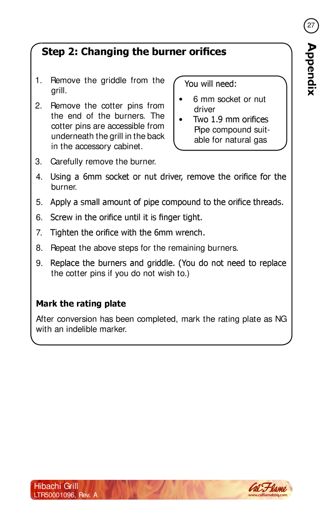 Cal Flame BBQ10900 manual Changing the burner orifices, Mark the rating plate 