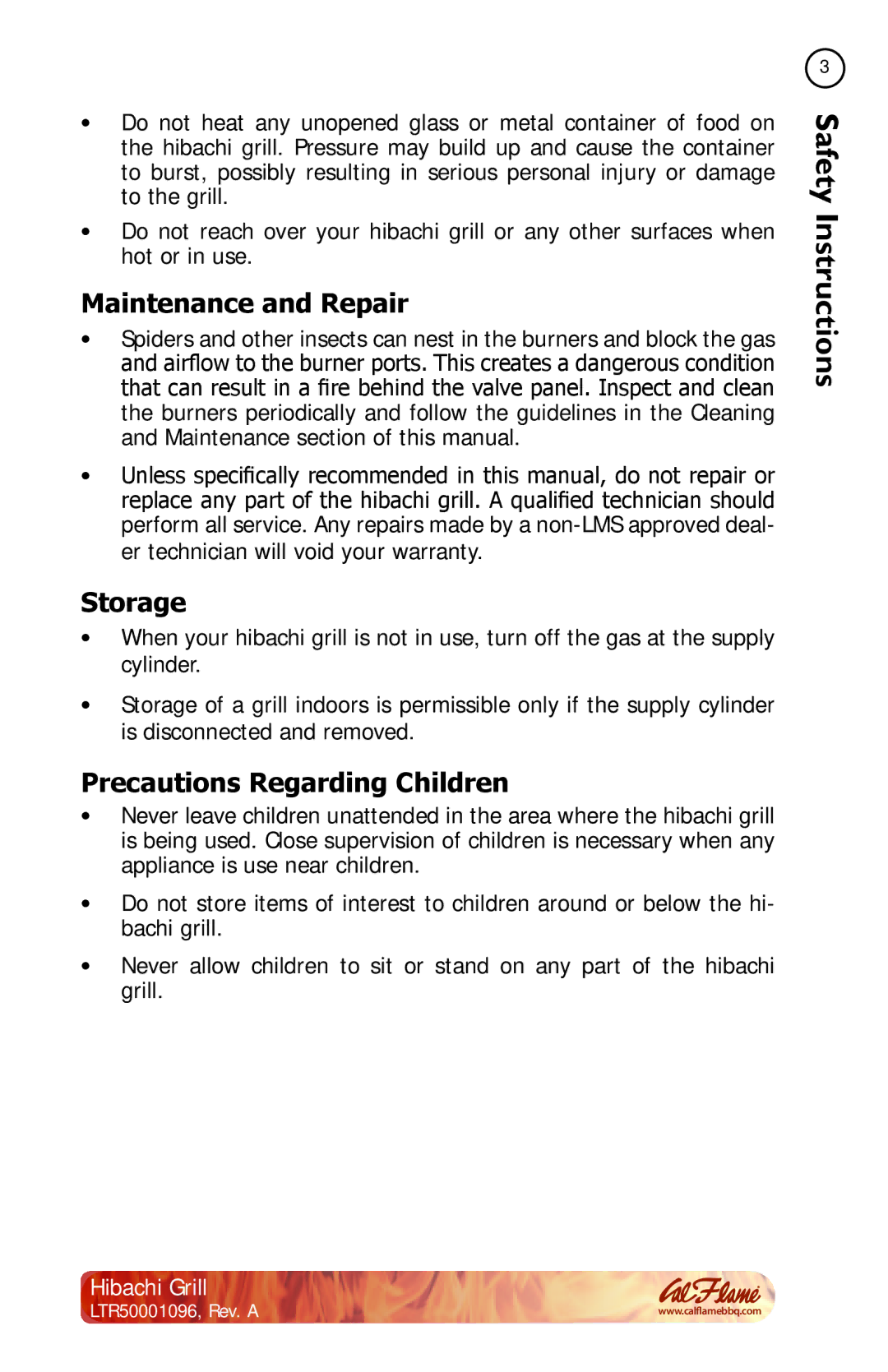 Cal Flame BBQ10900 manual Maintenance and Repair, Storage, Precautions Regarding Children 