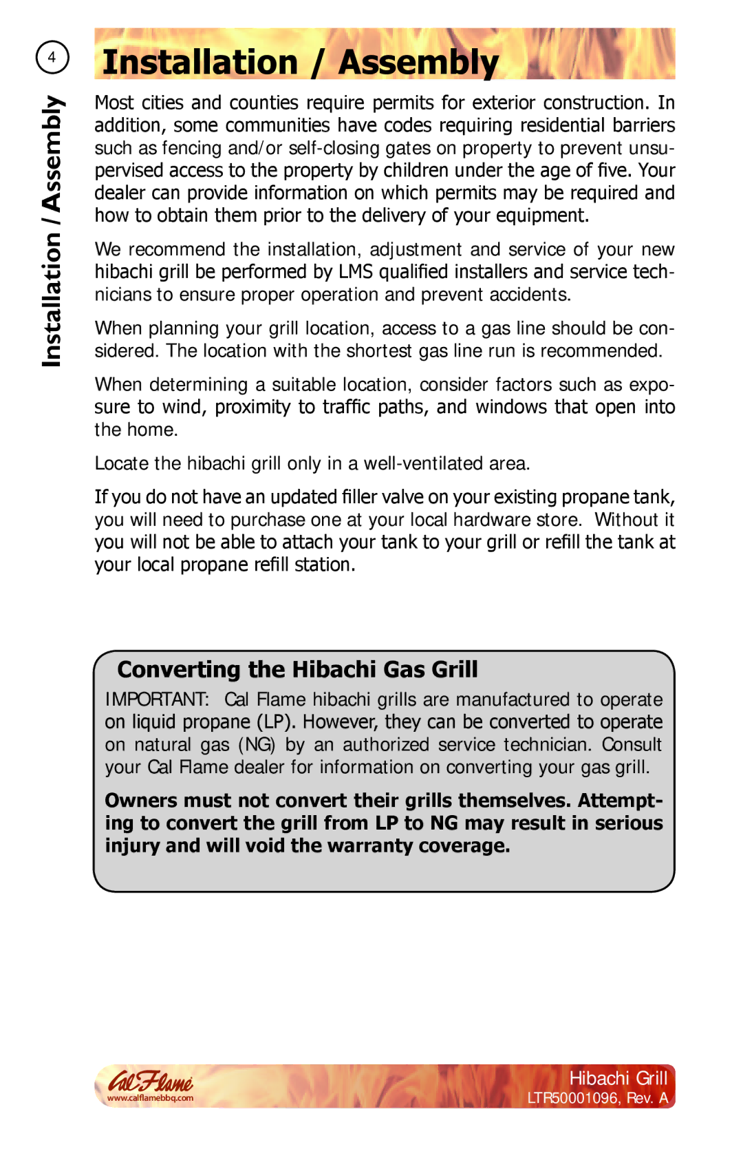 Cal Flame BBQ10900 manual Installation / Assembly, Converting the Hibachi Gas Grill 