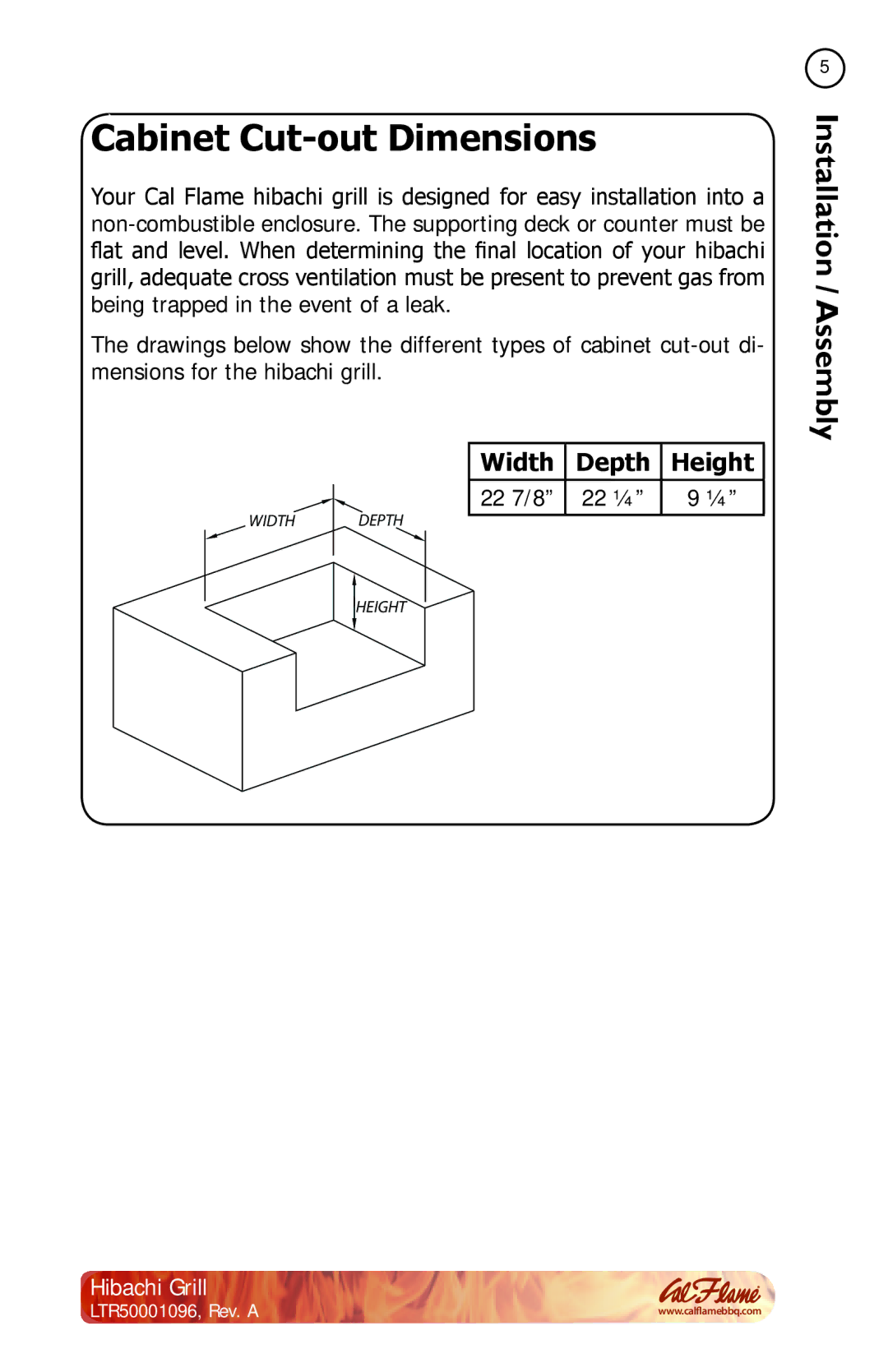 Cal Flame BBQ10900 manual Cabinet Cut-out Dimensions 