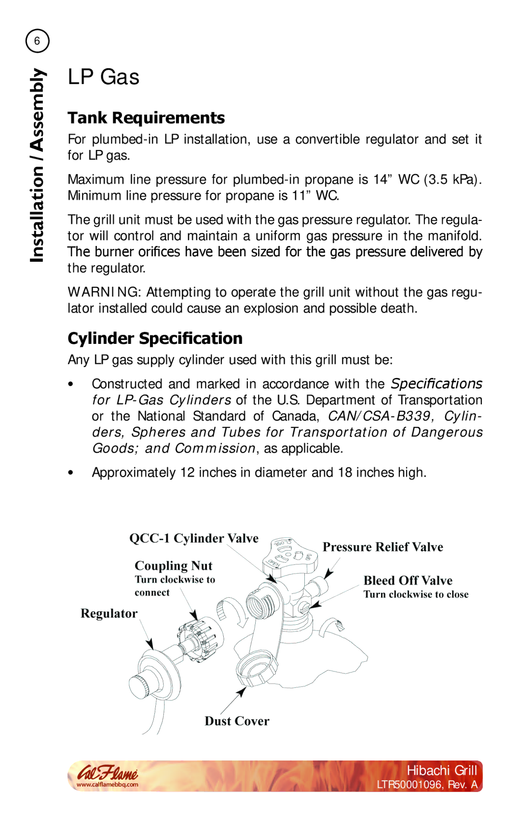 Cal Flame BBQ10900 manual LP Gas, Tank Requirements, Cylinder Specification 