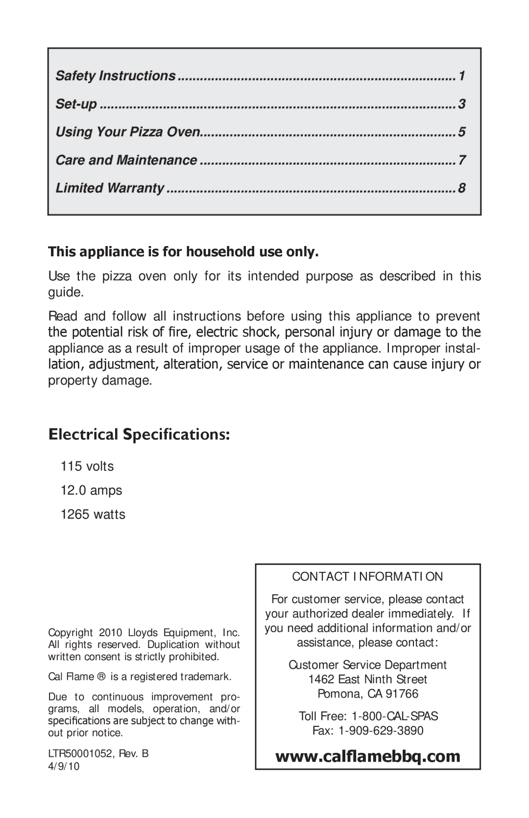 Cal Flame BBQ10967E manual Electrical Specifications, This appliance is for household use only 