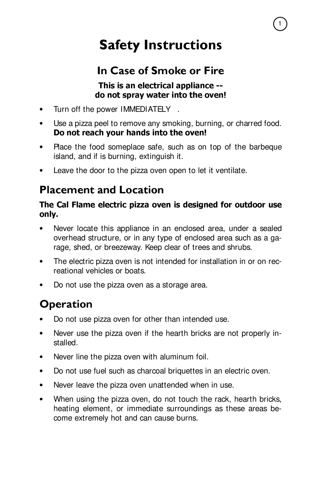 Cal Flame BBQ10967E manual Safety Instructions, Case of Smoke or Fire, Placement and Location, Operation 