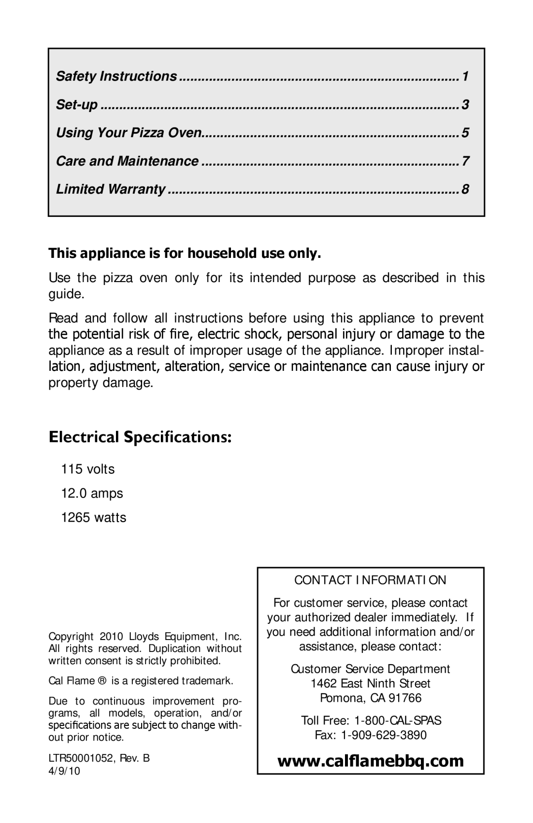 Cal Flame BBQ10967E manual Electrical Specifications 