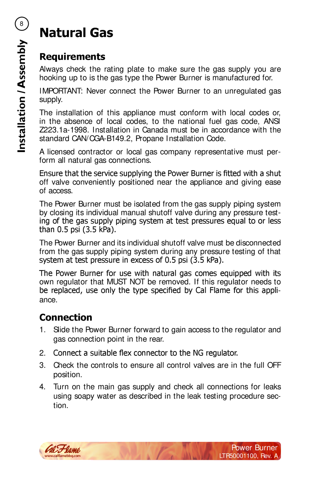 Cal Flame BBQ11955P manual Natural Gas, Requirements, Connection 