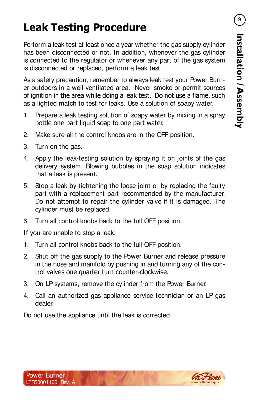 Cal Flame BBQ11955P manual Leak Testing Procedure 