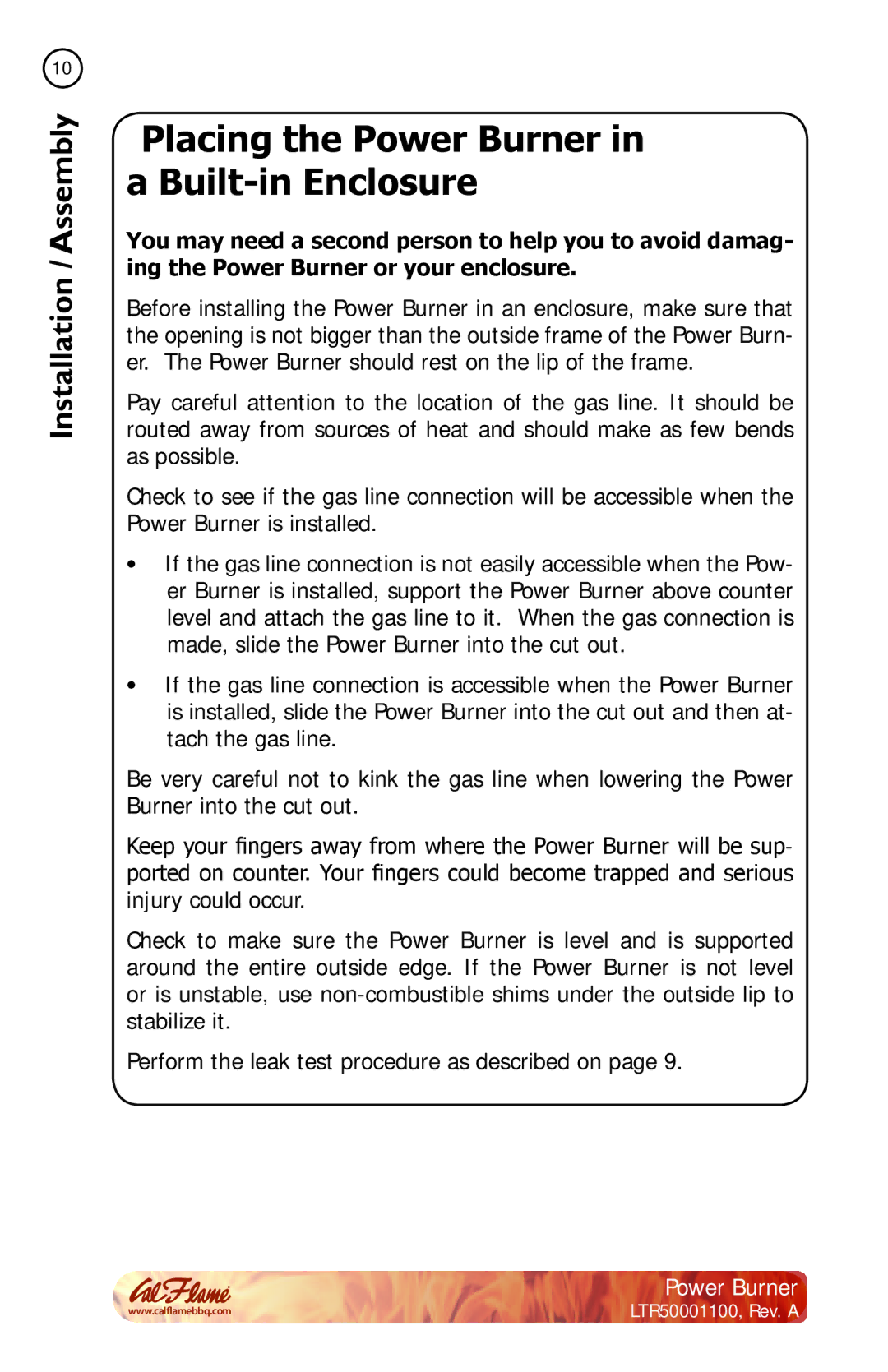 Cal Flame BBQ11955P manual Placing the Power Burner in a Built-in Enclosure 