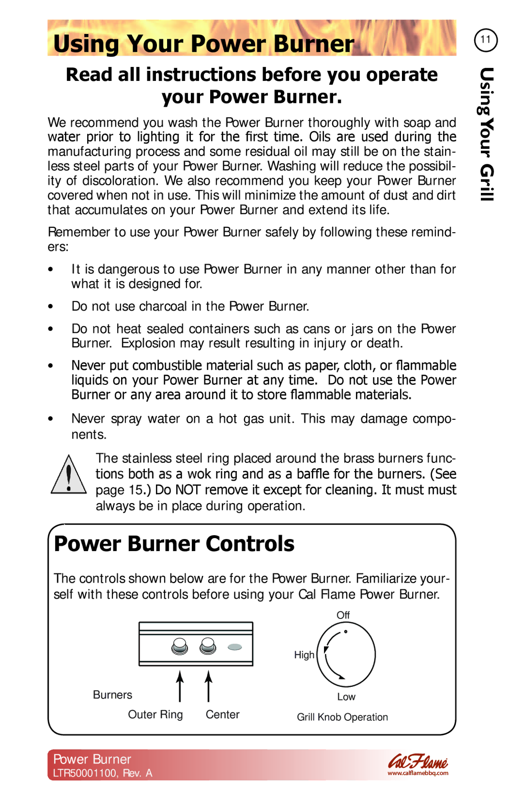 Cal Flame BBQ11955P manual Using Your Power Burner, Power Burner Controls 