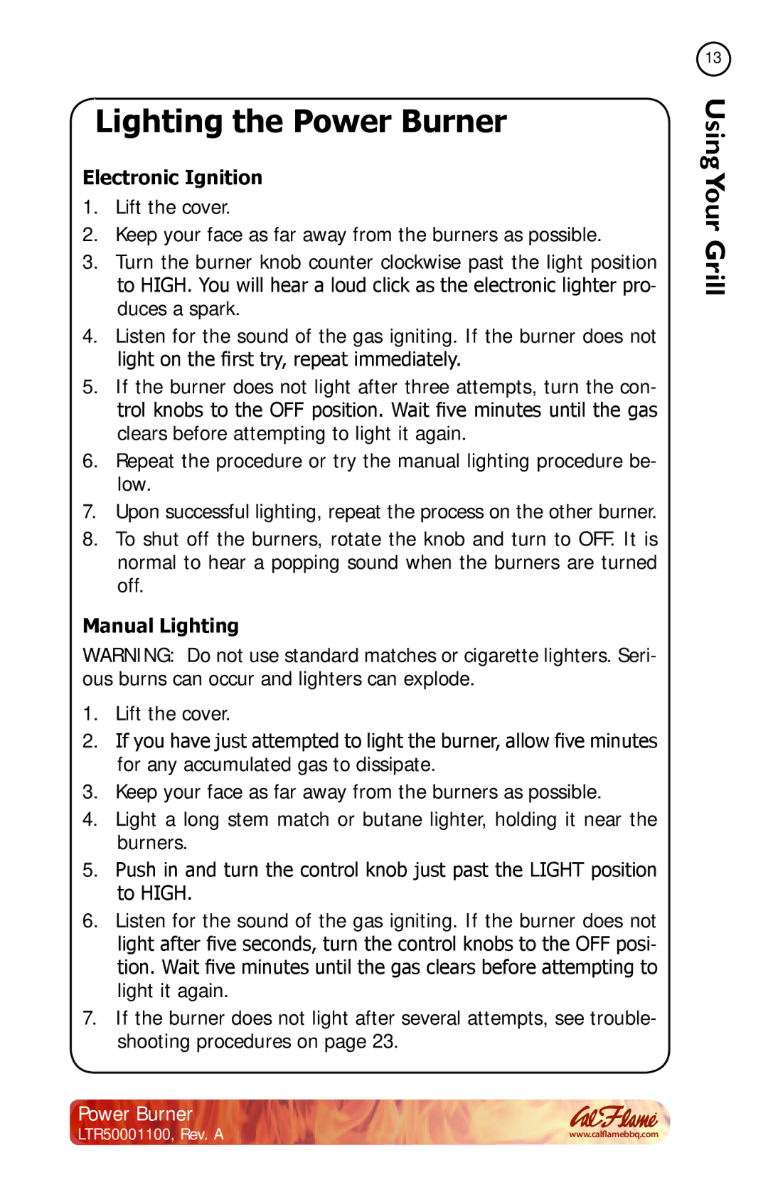 Cal Flame BBQ11955P manual Lighting the Power Burner, Electronic Ignition, Manual Lighting 