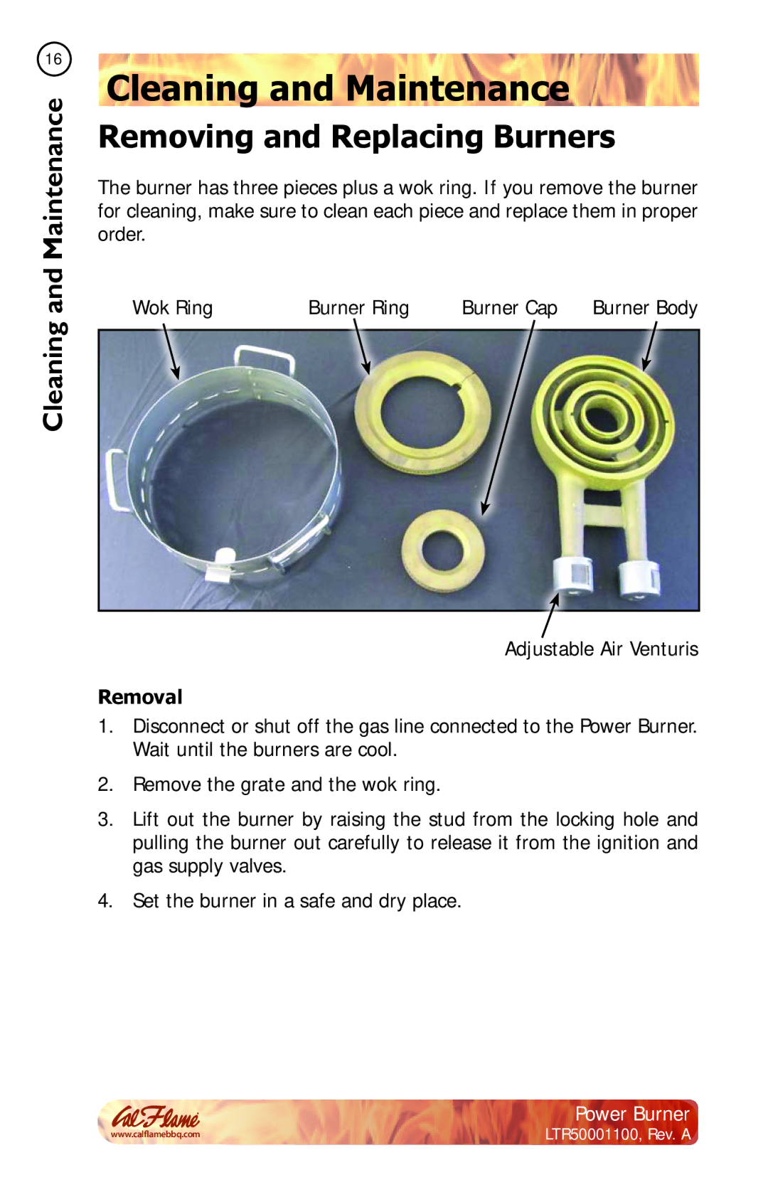 Cal Flame BBQ11955P manual Removing and Replacing Burners, Removal 