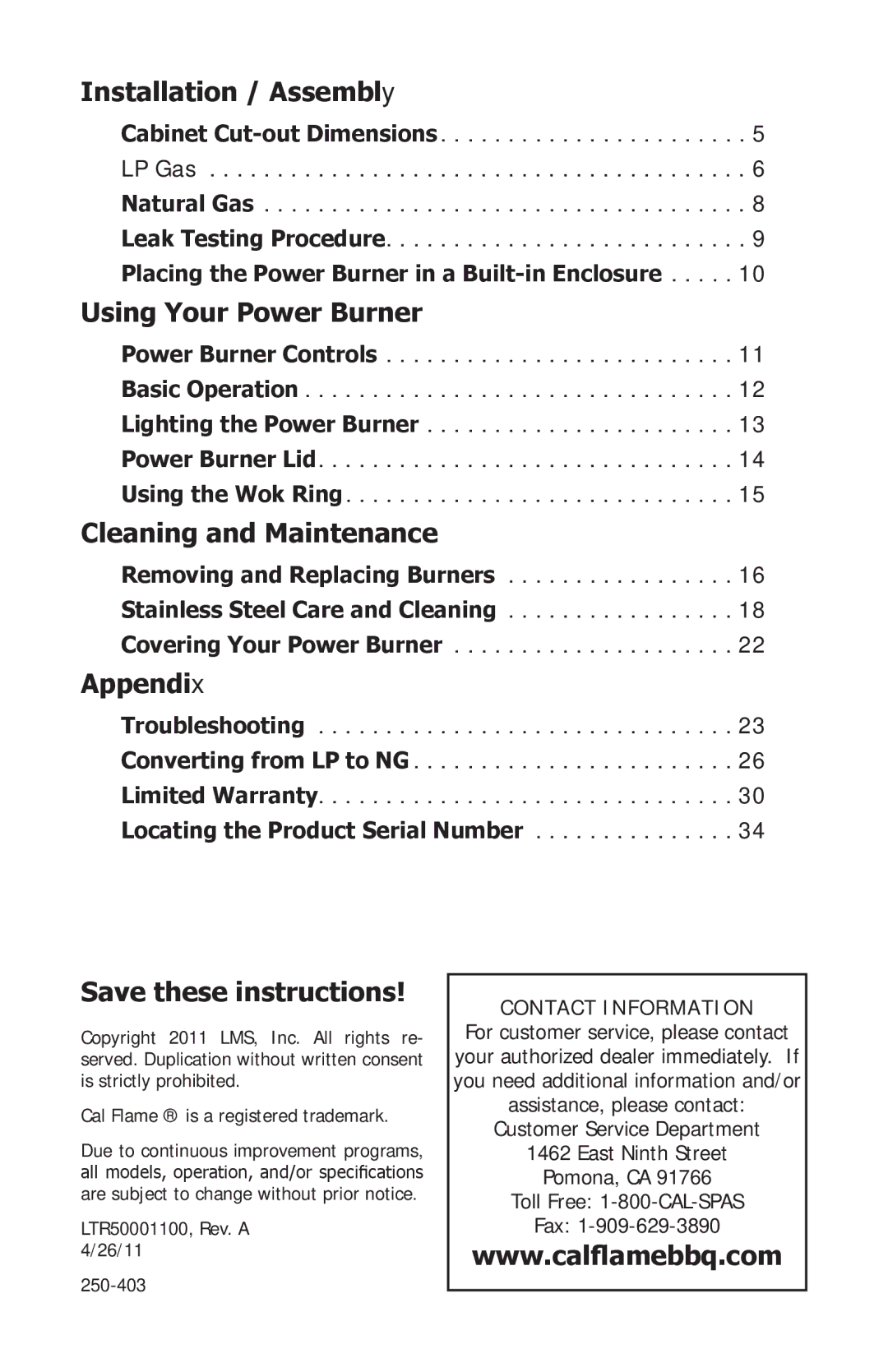 Cal Flame BBQ11955P manual Installation / Assembly, Using Your Power Burner, Cleaning and Maintenance, Appendix 