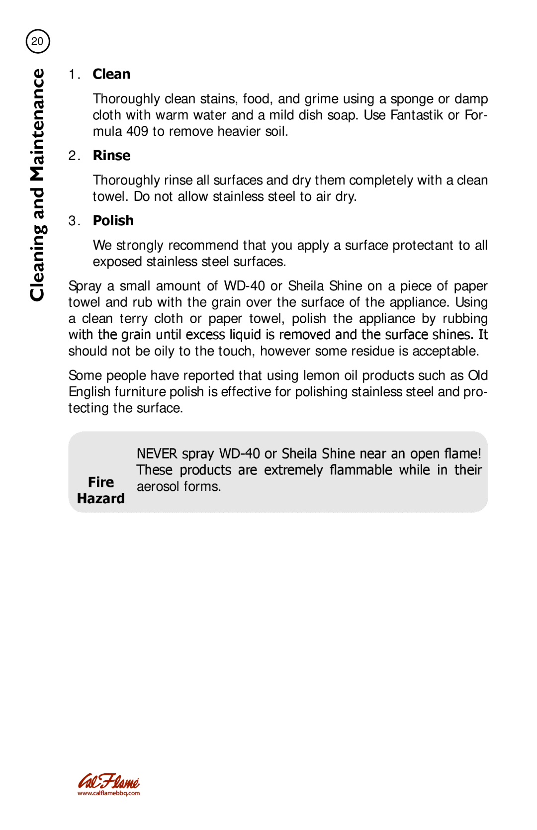 Cal Flame BBQ11955P manual Clean, Rinse, Polish, Fire, Hazard 
