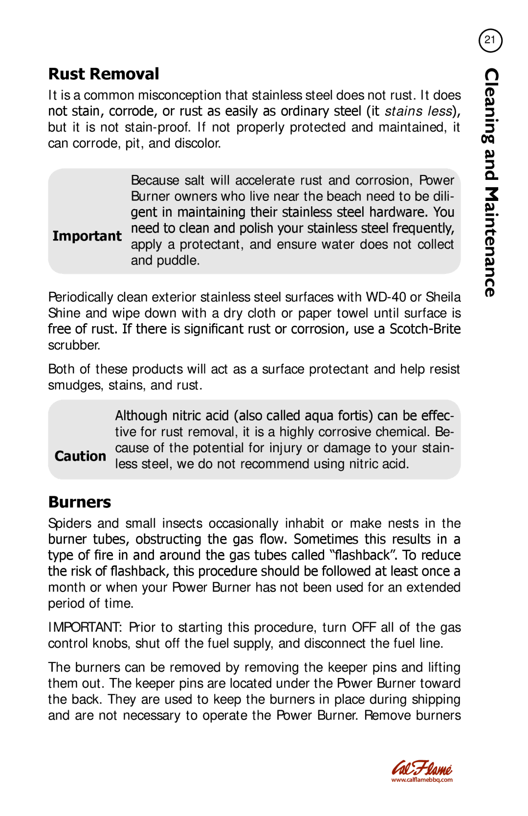 Cal Flame BBQ11955P manual Rust Removal, Burners 
