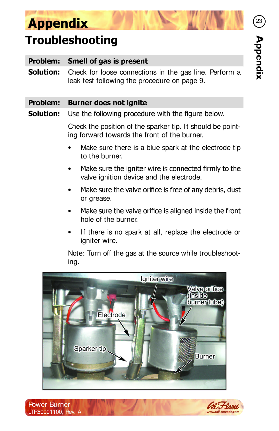 Cal Flame BBQ11955P manual Troubleshooting, Problem Smell of gas is present, Problem Burner does not ignite 