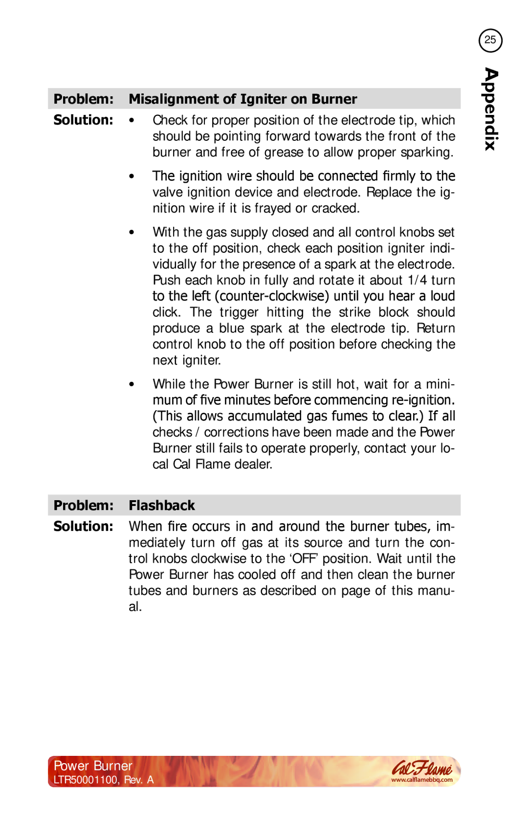 Cal Flame BBQ11955P manual Problem Misalignment of Igniter on Burner, Problem Flashback 