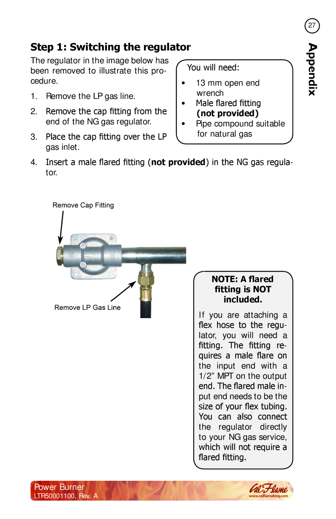 Cal Flame BBQ11955P manual Switching the regulator, Not provided 