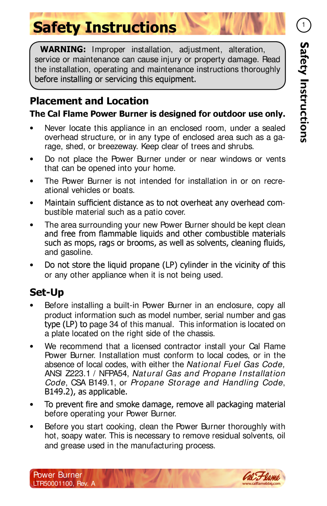 Cal Flame BBQ11955P manual Placement and Location, Set-Up, Cal Flame Power Burner is designed for outdoor use only 