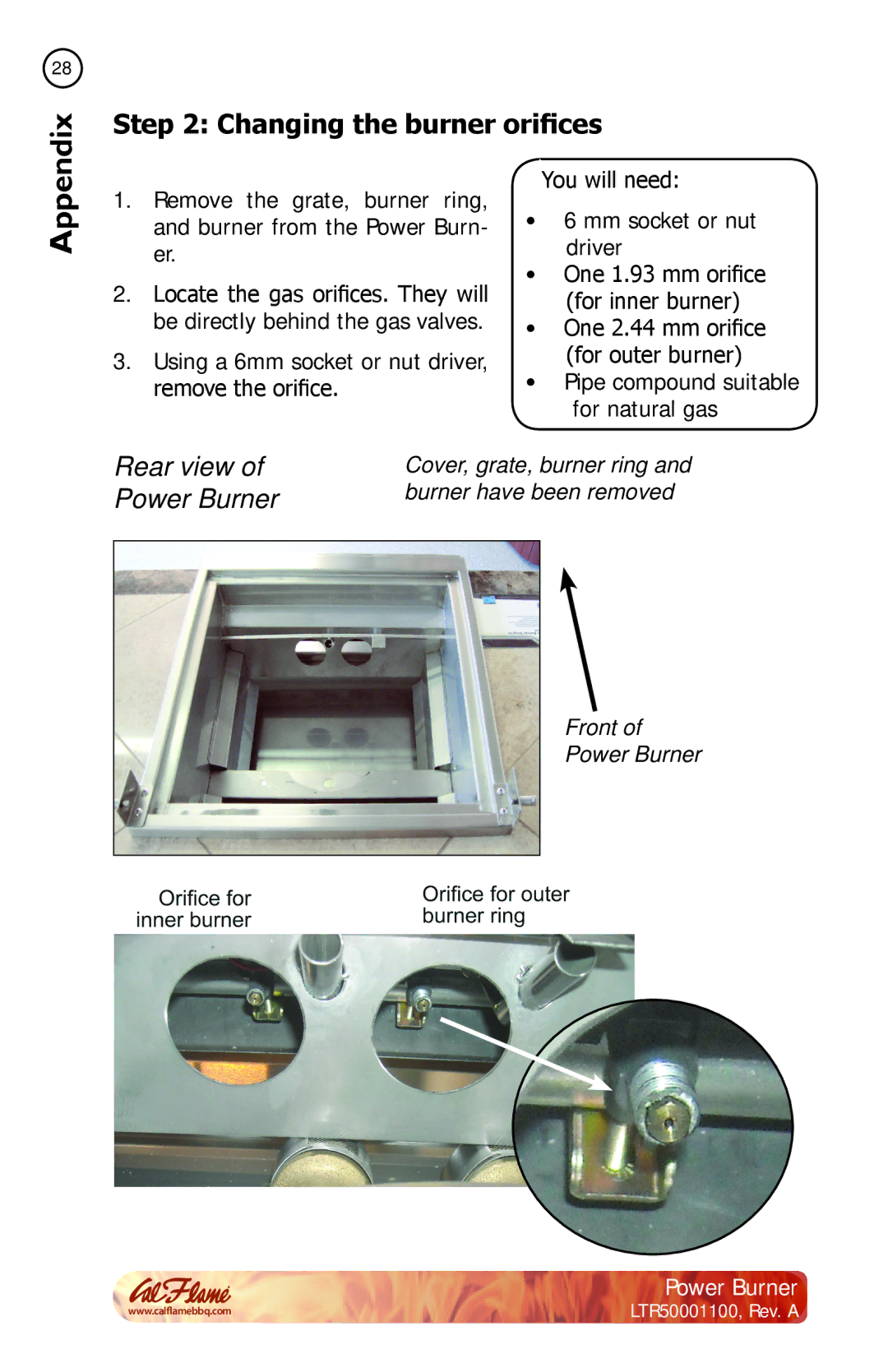 Cal Flame BBQ11955P manual Changing the burner orifices, Appendix 